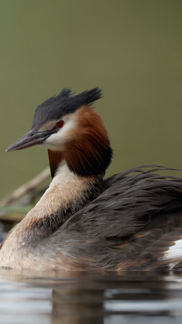 小鸊鷉鸟坐在妈妈的背上,吃鸟爸爸带来的小鱼