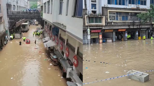 重庆巫溪遭遇暴雨天气,街道被洪水淹没,商户:已提前撤离,情况很少见