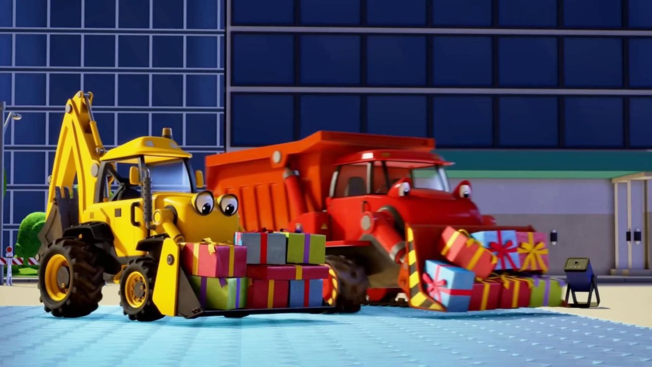 工程车系列益智动画片:推土机自卸卡车工程车队准备圣诞装饰和圣诞