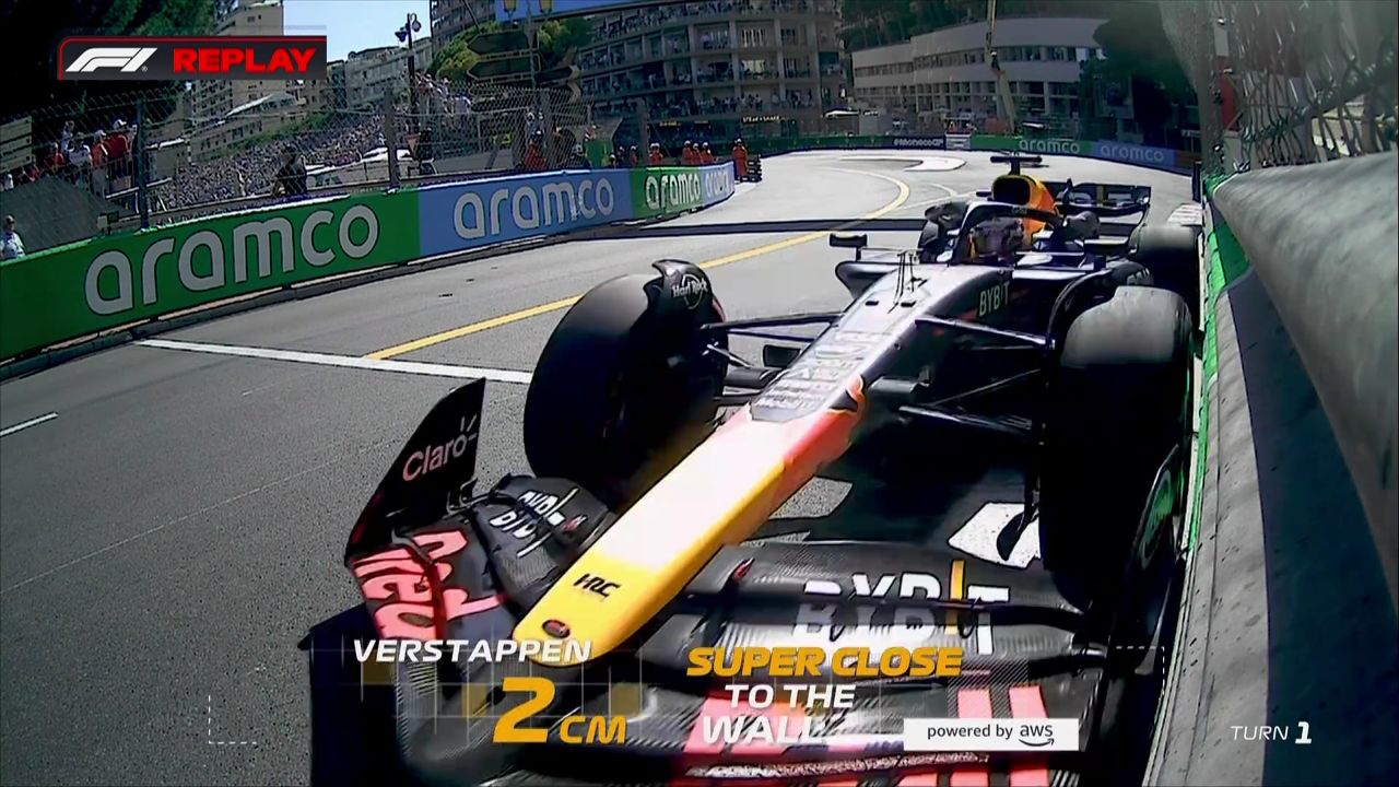 维斯塔潘一号弯极限出弯 赛车距护墙仅2厘米