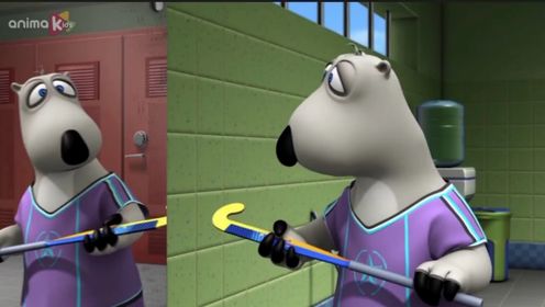 倒霉熊好不容易从柜子上把球服拿到手穿上照镜子