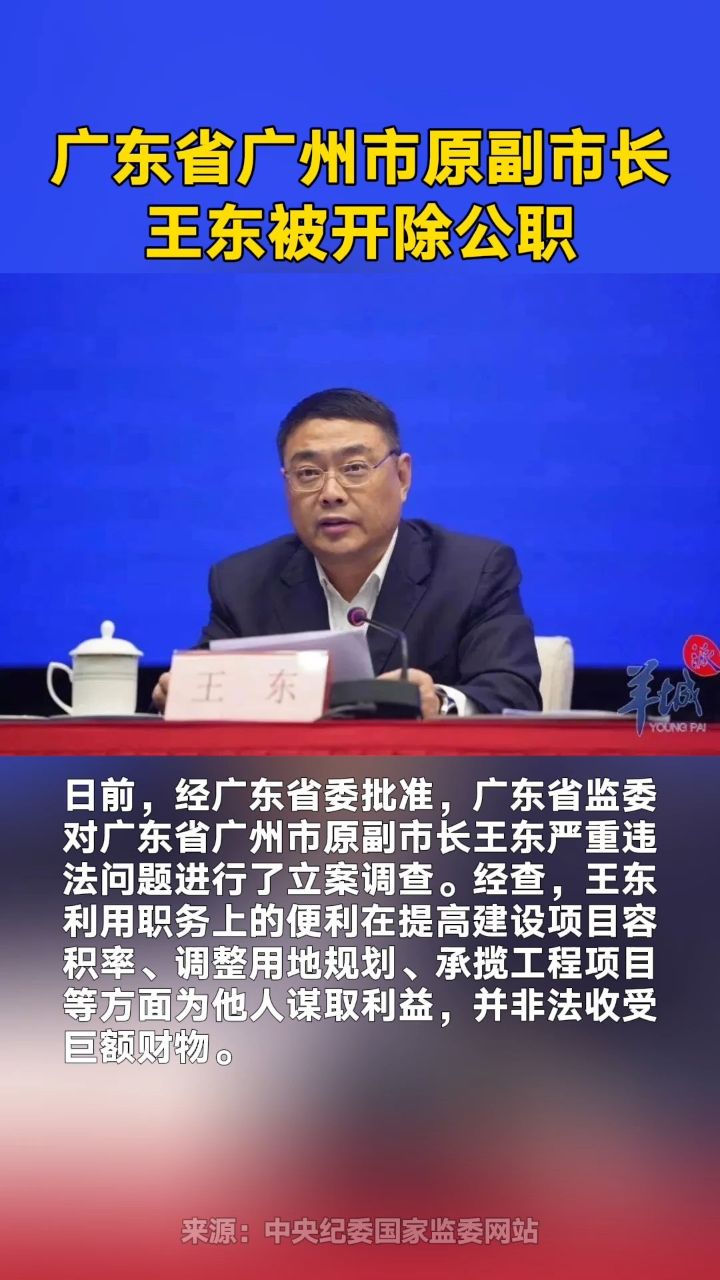 广东省广州市原副市长王东被开除公职