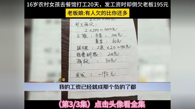 16岁农村女孩去餐馆打工20天,发工资时却倒欠老板195元,老板娘有人欠的比你还多#社会百态#打工#克扣员工工资 3