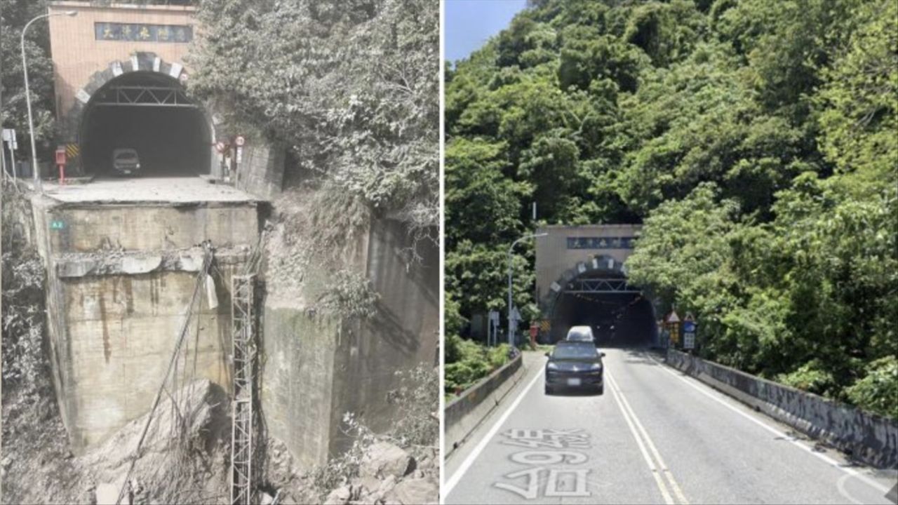 台湾大清水隧道震后路基消失,前后对比落差几十米,通行中断