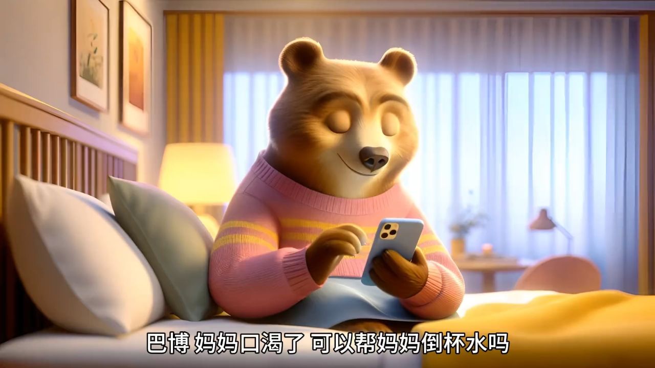 熊妈妈口渴了 小熊巴博给她拿水喝