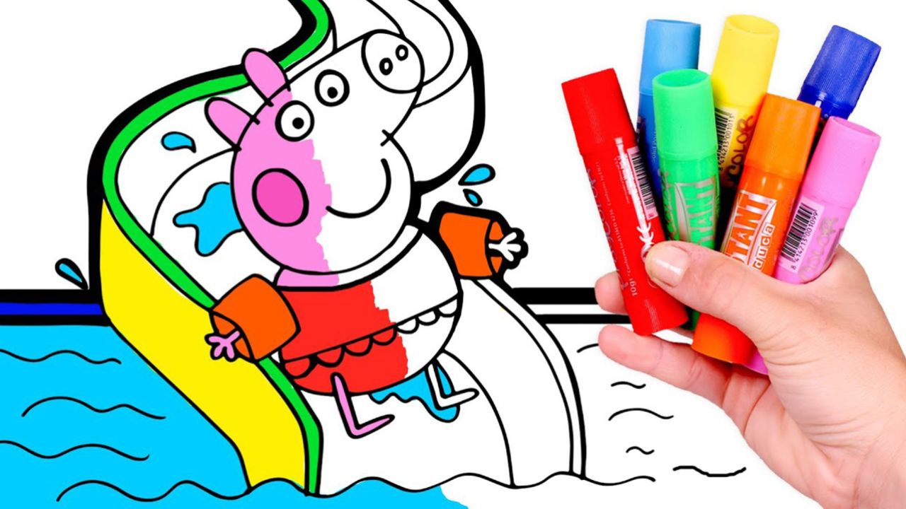 儿童娃娃趣味画画:来给玩滑滑梯的小猪佩奇涂颜色吧!