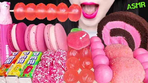 ASMR粉红色棒棒糖，PEZ，桃KOHAKUTO，果冻软糖吃播