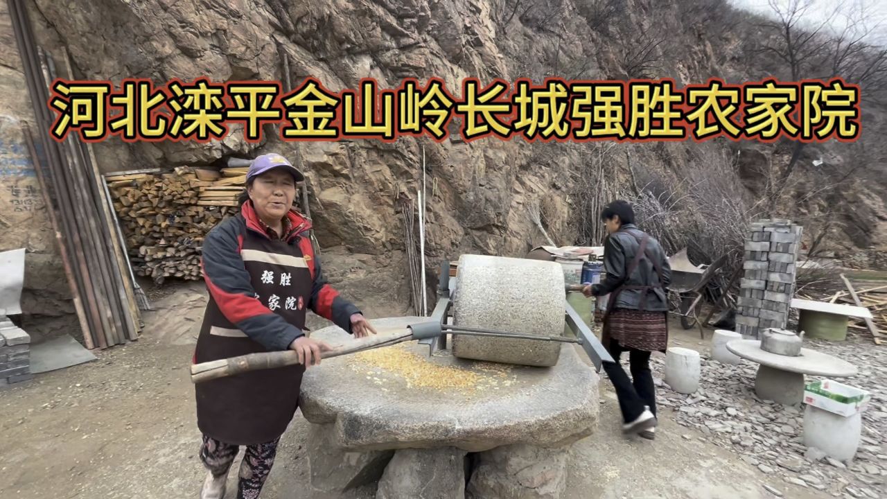 北方农村童年记忆,河北滦平金山岭长城强胜农家院,石碾子玉米碴!
