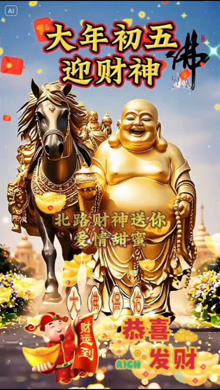 天门开、地门开、五方财神进门来;一赐福、二赐财,赐来金银抱满怀;三赐吉、四赐祥,赐来如愿傍身旁;善门开,笑门开,善因笑果财自来,恭迎五路财神进 ...