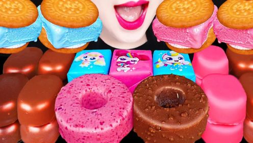 ASMR粉色蓝色冰淇淋甜甜圈吃播