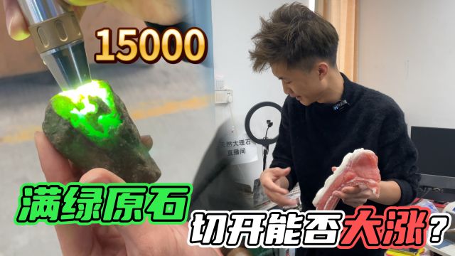 货主报价15000的满绿原石,切开能否大涨?