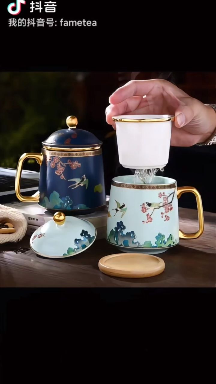 创作灵感 #茶生活 #茶具 #瓷器 #杯子控 描金汝窑办公杯高档陶瓷茶水