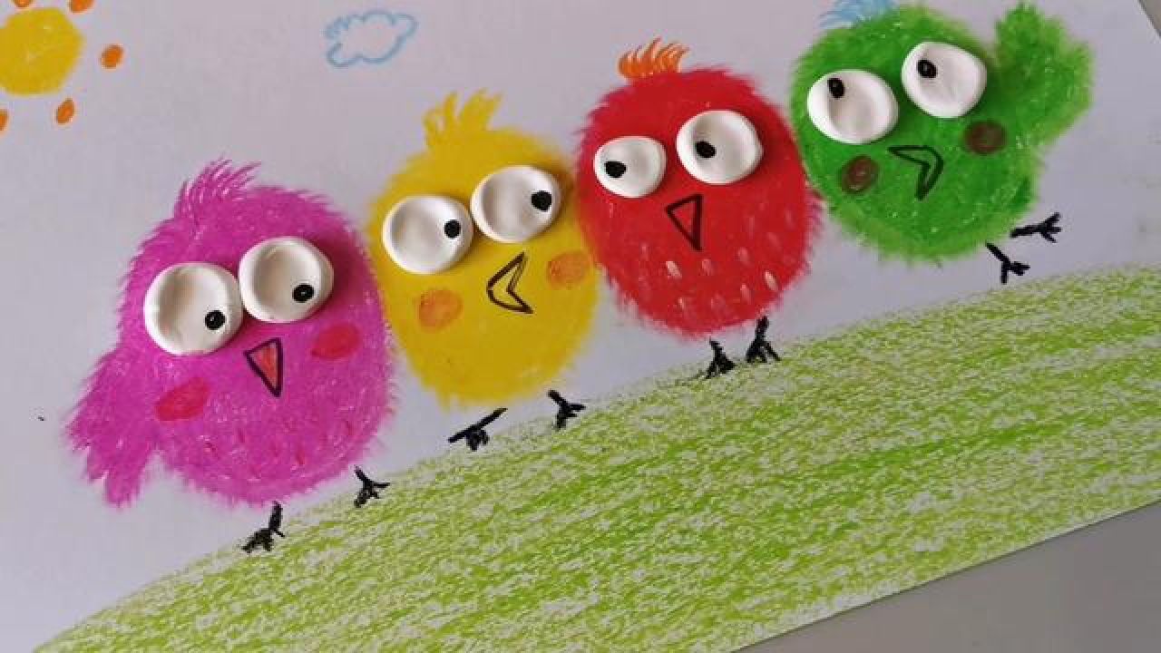 3-6岁春天主题创意儿童画:草地上的小鸟 #春天主题画 #创意画 #儿童