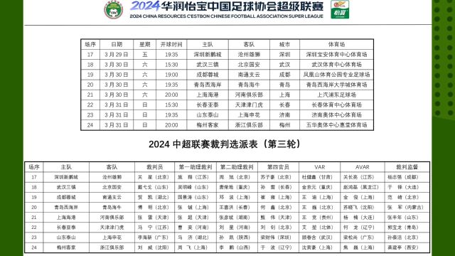 中超第三轮裁判选派:李海新执哨榜首大战,马宁吹亚泰对阵津门虎