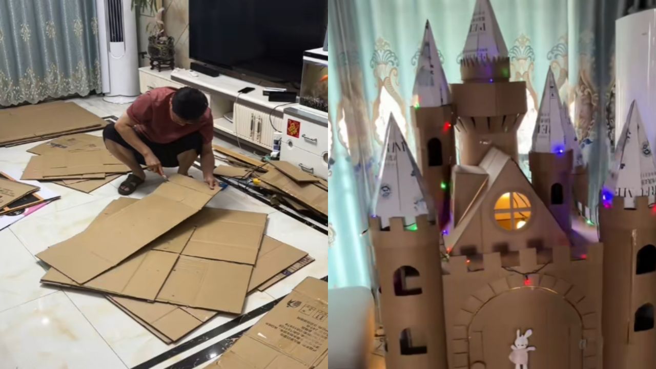 爸爸用废旧纸箱,给女儿做梦幻城堡,只为把闺女宠成公主