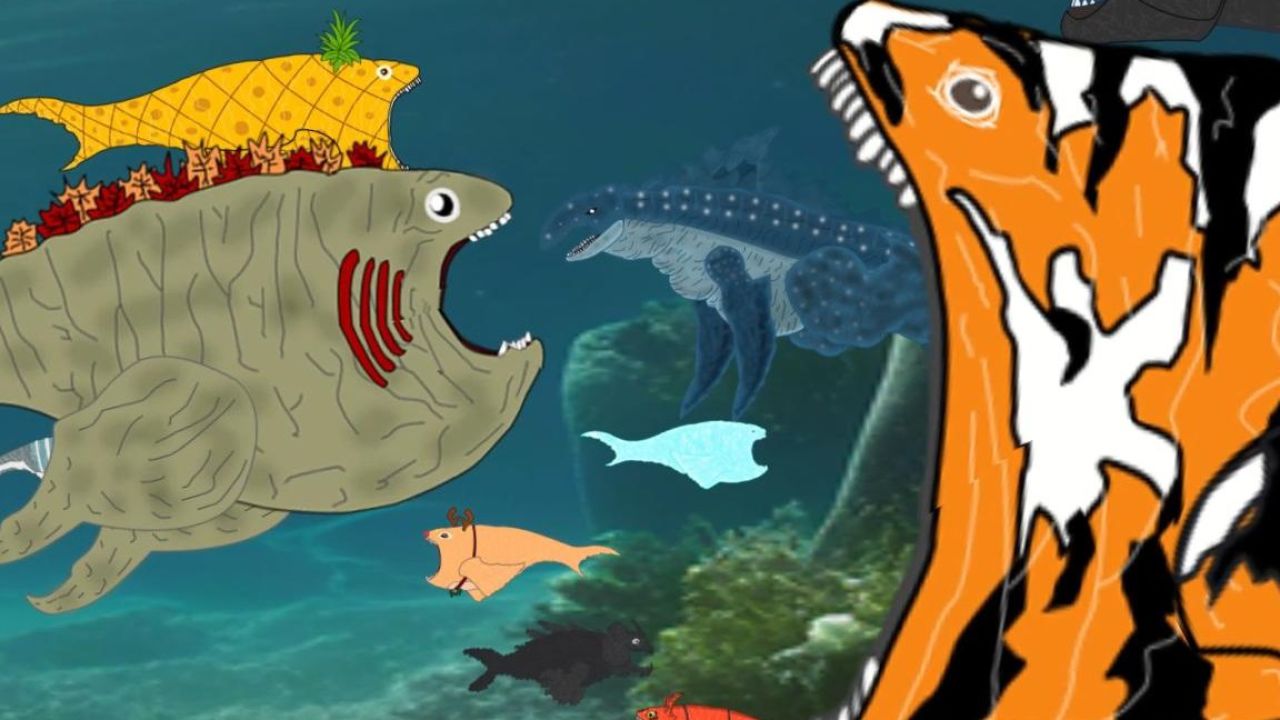 成熟的火龙鲲被一群巨鲲接连吞进肚子里 #原创动画 #巨鲲 #远古生物