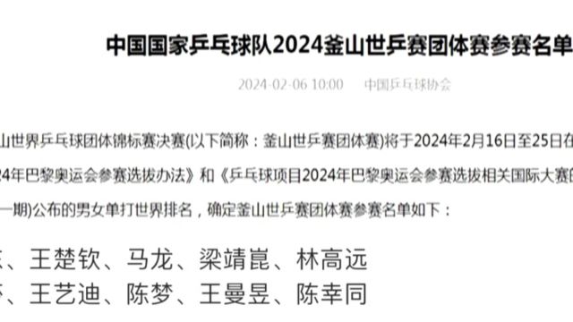 中国乒协在官网发布消息,公布釜山世乒赛团体赛中国队名单