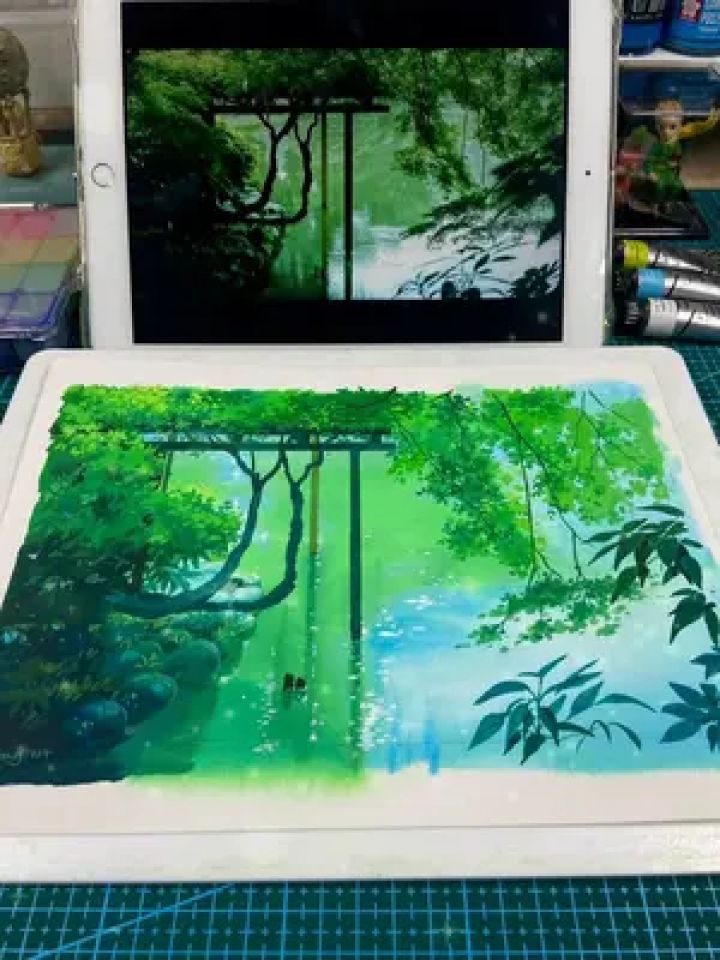 《言叶之庭》湖边 #不透明水彩 #治愈系 #治愈画风 #新海诚