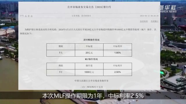 中国人民银行开展1000亿元MLF操作