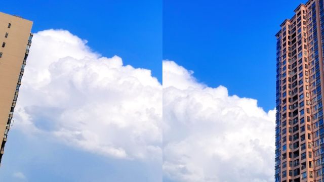 广西百色市田东县雨后晴空团积云横贯楼宇间 仰望云天现场实景亮眼聆听旋律云宫迅音应景