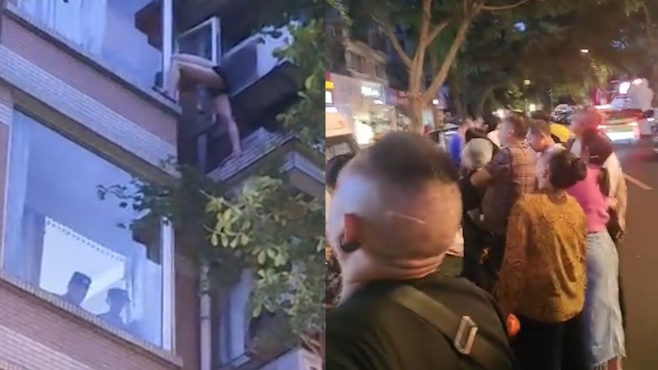 男子穿内裤扒在窗边不敢动,屋内疑有两人搜寻检查,一低头尴尬了