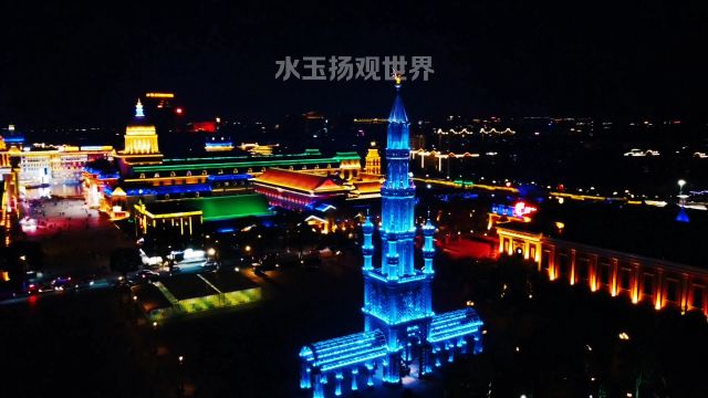 航拍入夜的江阴飞马水城,似梦似幻的夜景仿佛来到了威尼斯水城