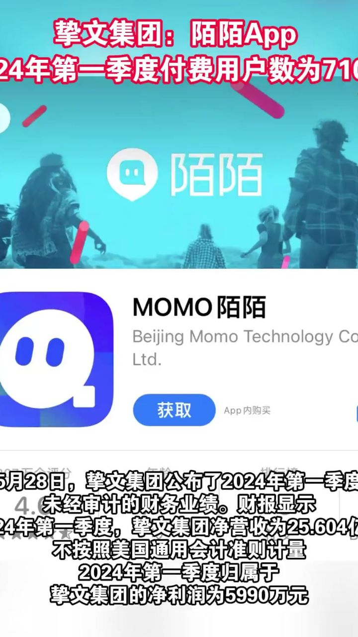 陌陌app第一季度付费用户数为710万