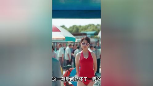 乘风踏浪：女孩身着泳装大秀身材，一旁的女人赶紧捂住丈夫的眼睛