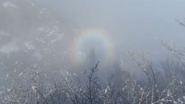 游客雪后爬泰山,拍到罕见碧霞宝光,全身被七彩光环环绕