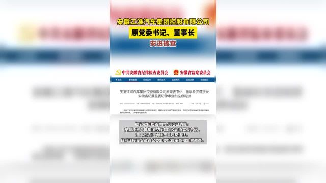 安徽江淮汽车集团控股有限公司 原党委书记、董事长安进被查