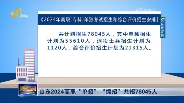 山东2024年高职“单招”、“综招”共计划招生78045人