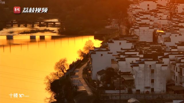 如诗如画!夕阳余晖下油菜花与徽派建筑相映成景