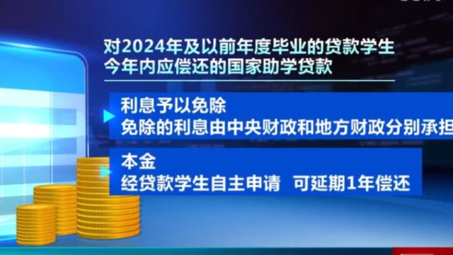 2024年国家助学贷款免息,由中央和地方财政承担,本金可延期偿还