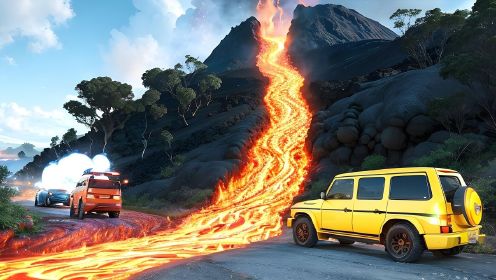 汽车vs火山熔岩河