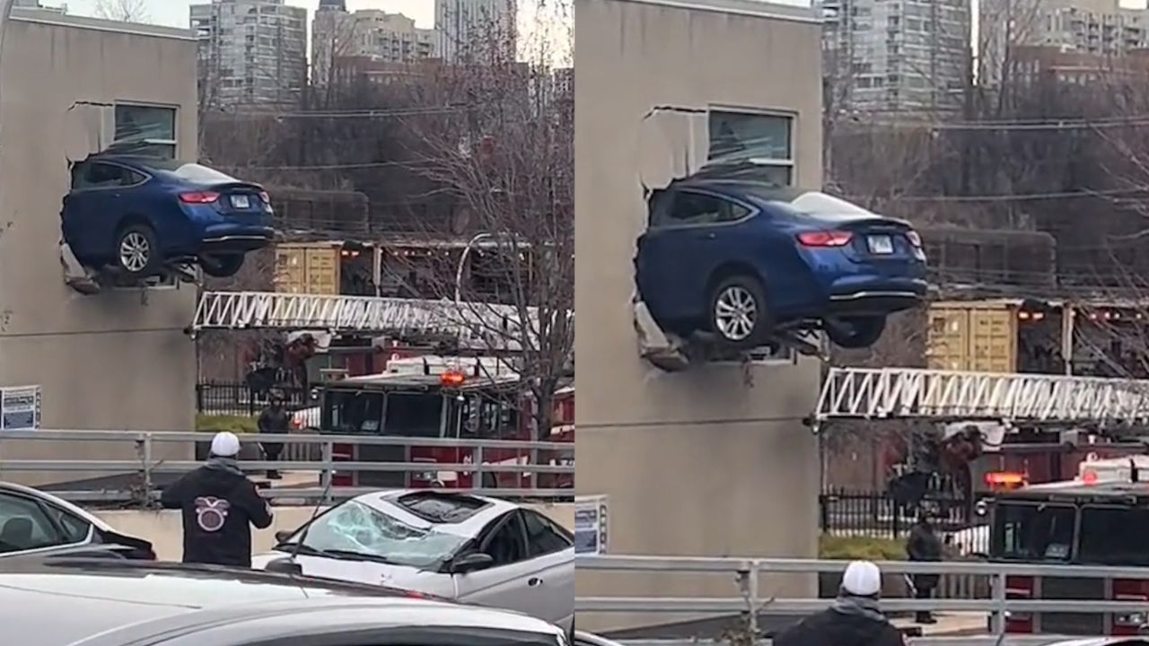 轿车飞到路边二楼穿墙,半个车身卡居民楼看ip笑了:亡命赛车?