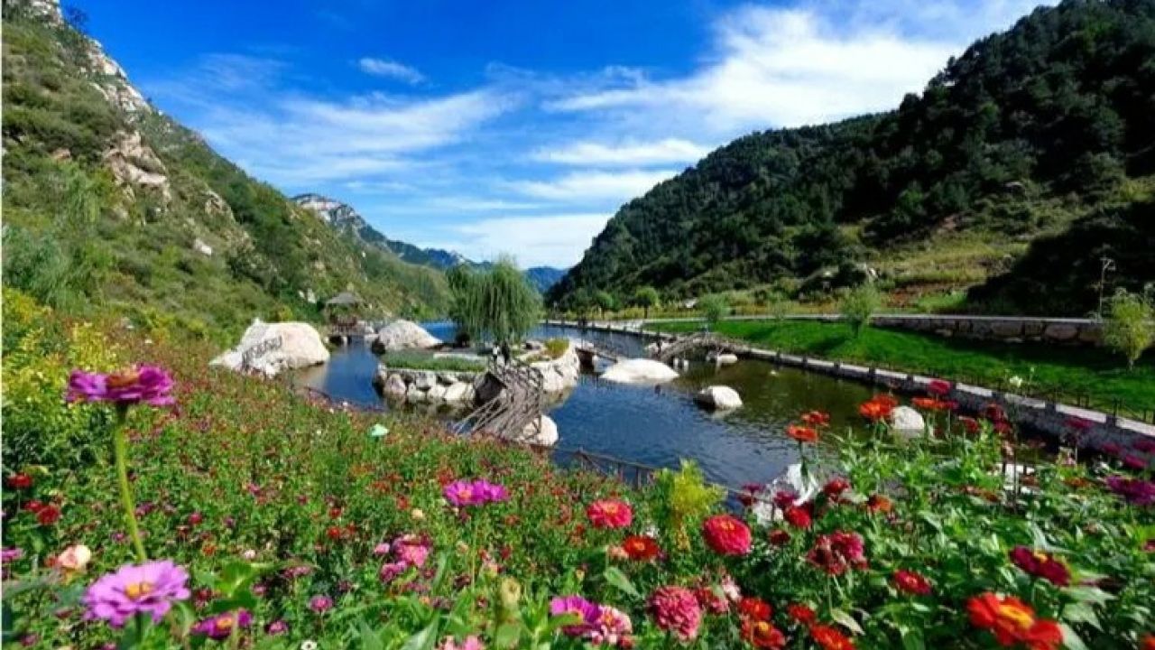 石家庄灵寿漫山花溪谷,两连天瀑布白练垂空,顶端亚高原草甸广阔无垠